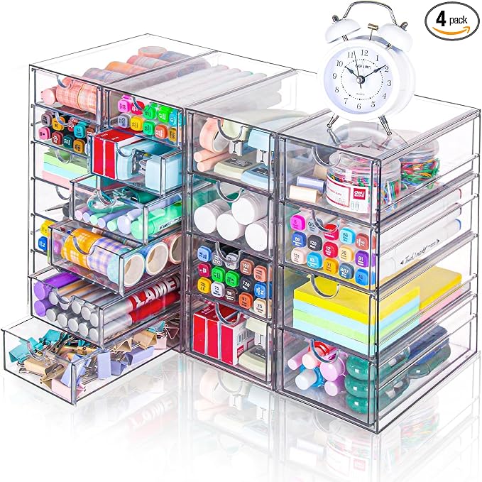 VZKAH Clear Acrylic Desk Organizer with 20 Drawers, 4 Modular Units | 4-piece clear drawer set for office supplies, crafts, makeup, and small daily items on desks, vanities, counters