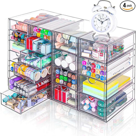 VZKAH Clear Acrylic Desk Organizer with 20 Drawers, 4 Modular Units | 4-piece clear drawer set for office supplies, crafts, makeup, and small daily items on desks, vanities, counters