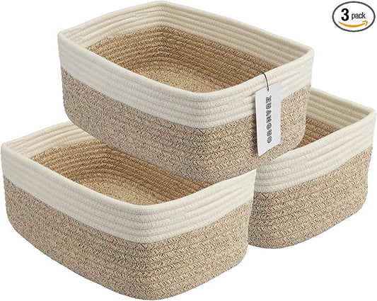 XUANGUO Small Woven Storage Baskets for Shelves, 13" x 9" x 5", White/Brown | Decorative rope storage bins for closets and toy storage; cute organizer baskets, empty gift baskets and nursery storage.