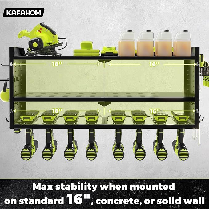 Power Tool Organizer，Large 8 Drill Holder Wall Mount ，Heavy Duty Metal Tool Shelf with 12 Hooks，Storage Rack for Garage Organization，Utility Cordless Drill Holder and Battery Shelves