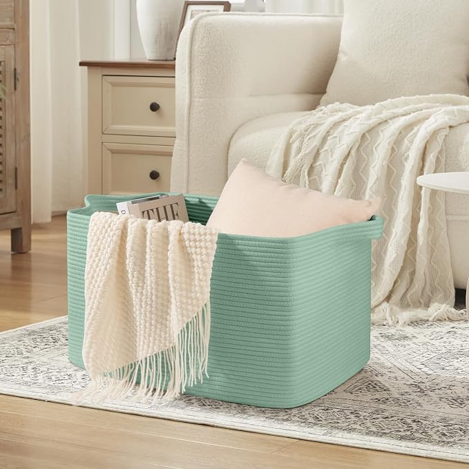 OIASKET 95L Extra Large Blanket Basket, 24" x 16.9" x 14.2" Woven Storage Basket for Living Room, Rectangle Nursery Blanket Storage for Toys, Towels, Dirty Clothes (Green)