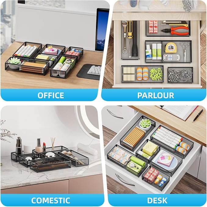 Marbrasse 5 Pack Desk Drawer Organizer Set, Mesh Drawer Storage Trays with 1 Adjustable Divider, Desk Organizers and Accessories, 5 PCS Drawer for Office Supplies, Makeup & Vanity (Black)