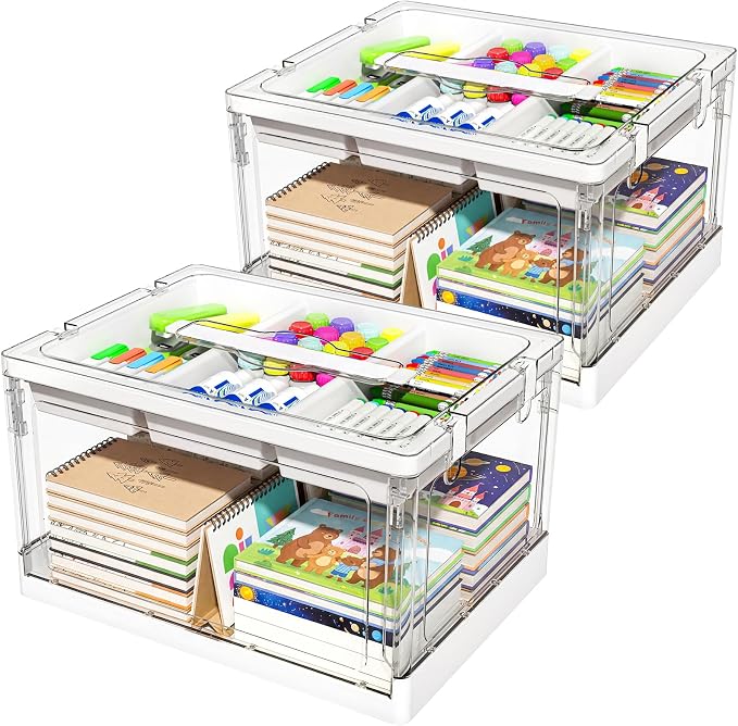 24QT 2Packs Clear Craft Organizers and Storage with Trays | Art Supply Organizer and Storage, Craft Storage Box with Lid for Beads, Markers, Coloring Books, Sewing, Playdoh and Tools
