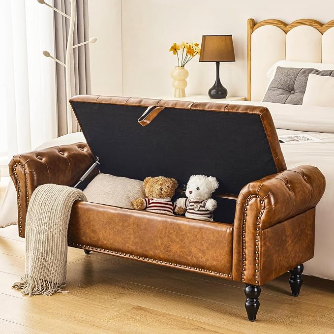 Furnimart Storage Bedroom Bench for End of Bed, Faux Leather Upholstered Storage Ottoman with Rolled Arms for Bedroom,Living Room, Entryway, 2.5Cubic Feet