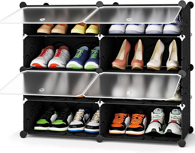 HOMIDEC Shoe Rack Organizer 16 Pair Modular Shoe Storage Cabinet for Closet | PP Plastic, Sturdy Steel Frame, Waterproof, Dustproof, Easy Clean, Shoe Shelves for Closet Garage Hallway Bedroom Entryway