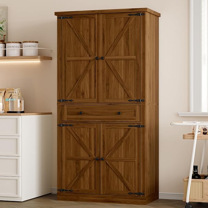 BORNOON Pantry Organizers and Storage Cabinet, 67.71” Barn Door White Kitchen Cabinet with Drawers and Adjustable Shelf, Tall Pantry for Kitchen, Dining Room, Living Room