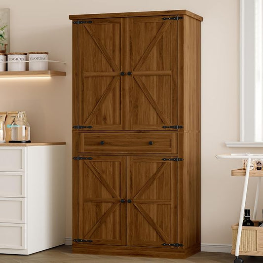BORNOON Pantry Organizers and Storage Cabinet, 67.71” Barn Door White Kitchen Cabinet with Drawers and Adjustable Shelf, Tall Pantry for Kitchen, Dining Room, Living Room