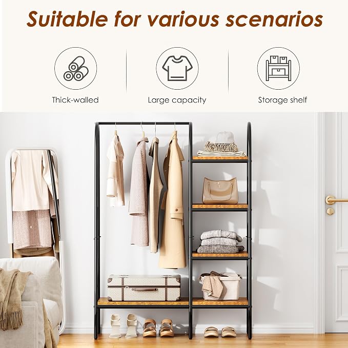 soges Clothes Rack, Garment Rack with 5 Shelves Hanging Bar, Rustic Brown | Open Wardrobe for Hanging Clothes and Storage, Free Standing Closet Organizer, Clothing Rack for Bedroom Entryway Small Space
