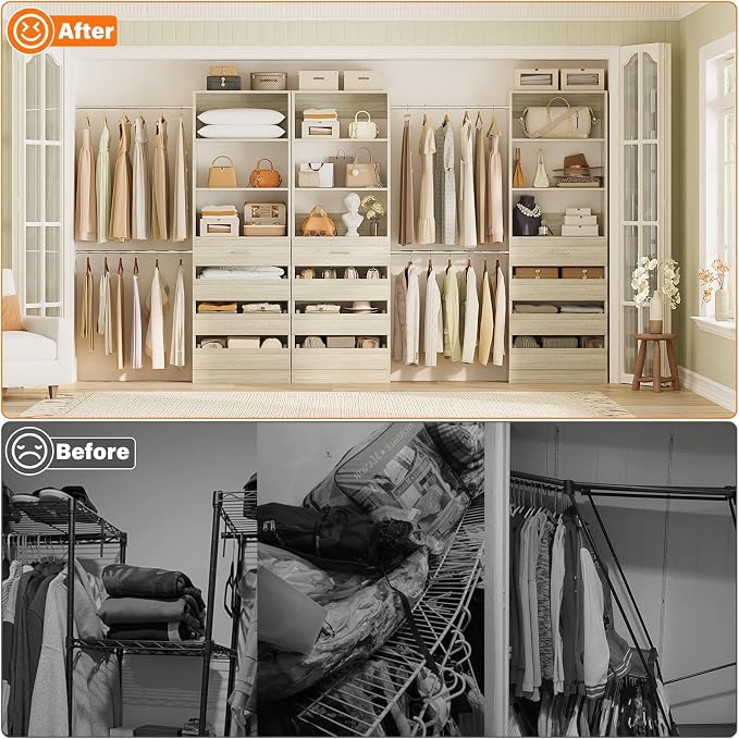 Aheaplus Closet System with 12 Drawers, 8.5-11.5Ft Wood Closet Organizer System with 4 Hang Rods & 3 Towers, 4Ft & 6Ft L-Shaped Walk-in Closets Wardrobe Organizer Clothes Rack, Set of 3, White Oak1