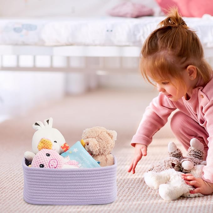 XUANGUO Small Woven Storage Baskets for Shelves, 13" x 9" x 5", Purple | Decorative rope storage bins for closets and toy storage; cute organizer baskets, empty gift baskets and nursery storage.