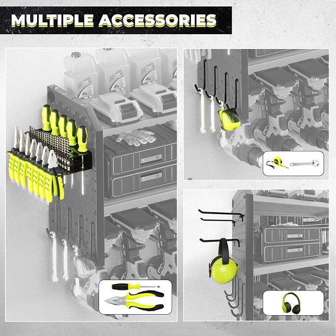 Power Tool Organizer with Charging Station, Built in 8 Outlet Power Strip,Large 8 Drill Holder Wall Mount, Heavy Duty Metal Power Tool Storage Rack Tool Shelf for Garage Organization
