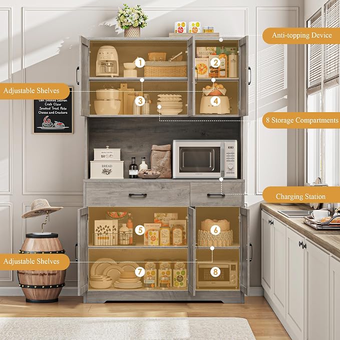 HOSTACK 71" H Kitchen Pantry Storage Cabinet, Farmhouse Hutch Cabinet, Grey | Space-Saving Pantry Cabinet with Charging Station & 2 Large Drawers & Adjustable Shelves, Tall Kitchen Hutch for Dining Room