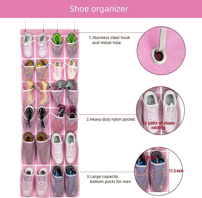 SAVERHO Hanging Shoe Organizer, Over The Door Shoe Organizer with 24 Breathable Mesh Pockets for Men Women Kids Hanging Shoe Storage Rack Organizer Size:58x21 Inch（Pink）