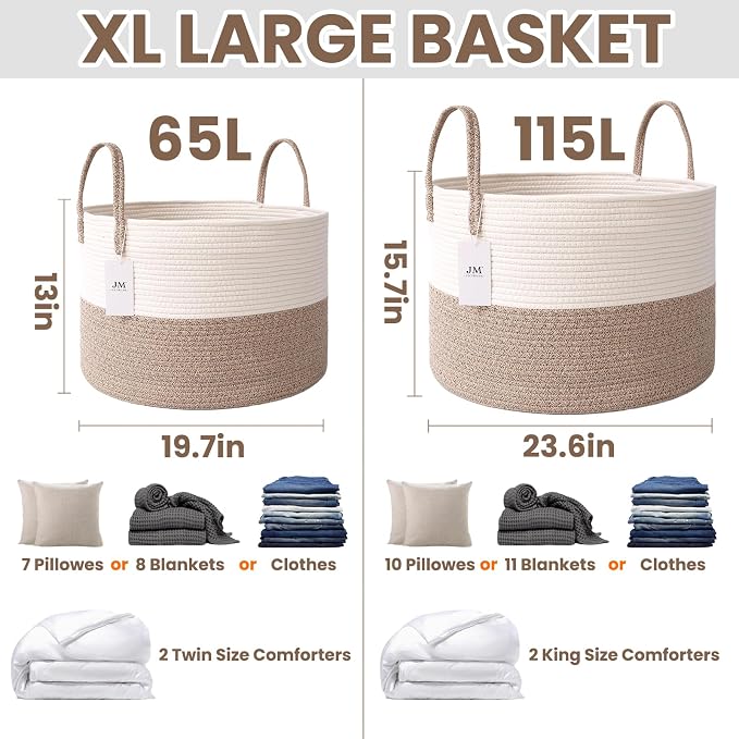 JMvicyroam 65L Extra Large Machine Washable Cotton Rope Blanket Basket | Collapsible laundry hamper, Reinforced handles, For blankets, pillows, toys and clothes, Living room and bedroom, White&Brown