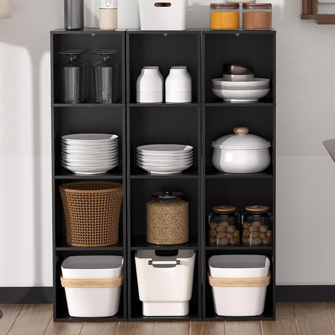 4 Cube Storage Organizer, 4 Tier Cube Low Bookcase Freestanding Storage Display Organizer, Four-Cubes Open Shelf Bookshelf for Home Office (Black, 4-Cube)