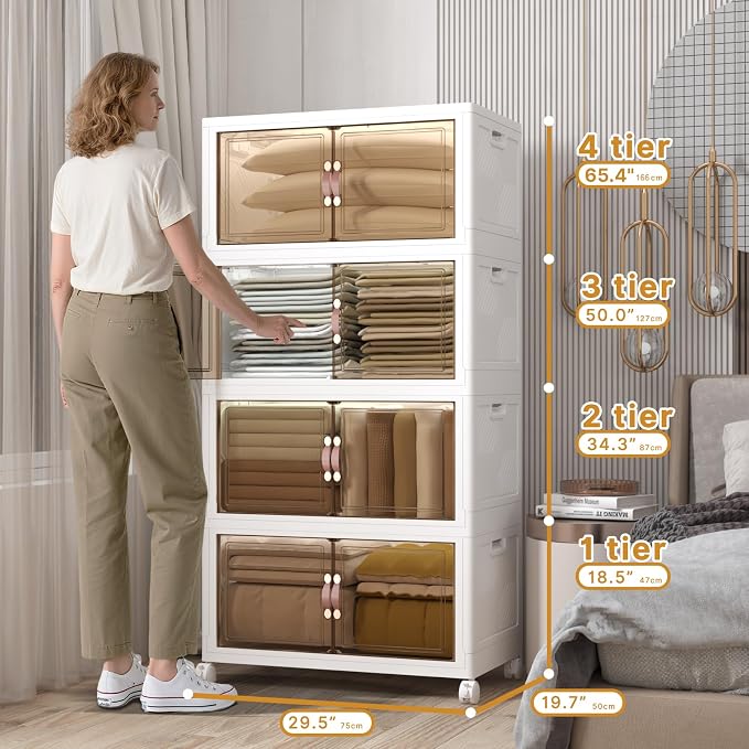 Stackable Storage Bins with Lids, 672QT Closet Organizers and Storage Cabinet with Doors & Wheels, Lockable Plastic Foldable Drawers for Bedroom Dorm Office Garage（168QT*4,White）