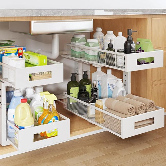 2 Packs 19IN Depth Under Sink Organizer, 2-Tier Pull Out Cabinet Organizer With Smooth Circular Rail, Large Capacity Metal Mesh Sliding Drawers For Bathroom& Kitchen Storage,Height Adjustable –White