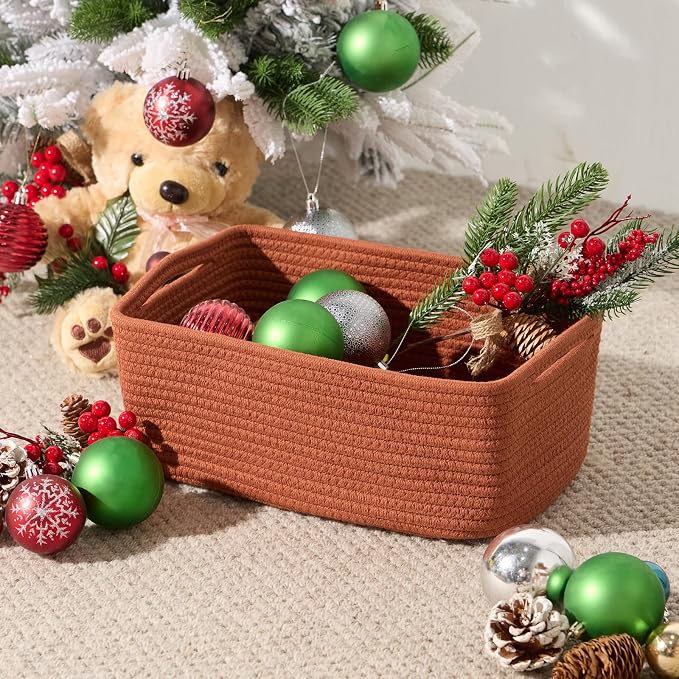 MiniArk Small Storage Baskets for Organizing | Closet Organizer Bins | Shelf Toy Basket | Woven Rope Baskets | Cube Decorative Box | Shallow Basket | 13x8.5x5.1” | 3 Packs Oxide Red