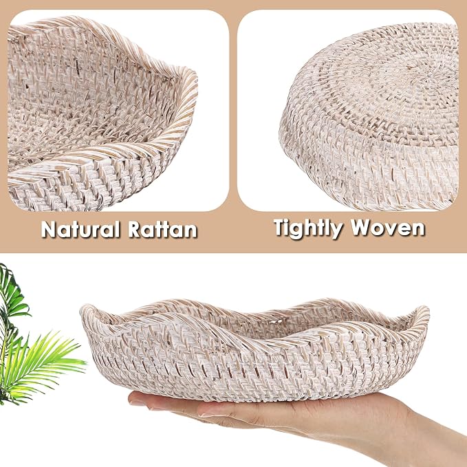 Hipiwe Decorative Key Tray Rattan Storage Bowl Food Serving Basket for Fruit Bread Candy Handwoven Basket Tray for Entryway Table Kitchen, Whitewash 8.5 Inch