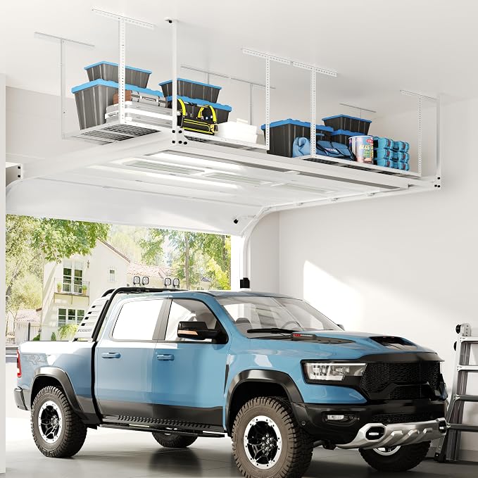 FLEXIMOUNTS 3x6 Overhead Garage Ceiling Storage Rack, 2 Pack, White | 450lbs Weight Capacity, 22"-40" Adjustable Organization System, Heavy-Duty Metal Ceiling Racks, Classic Series