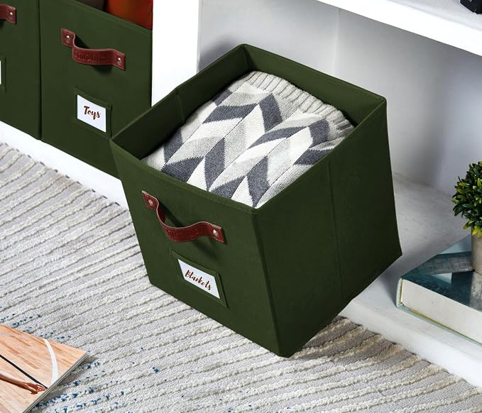 DECOMOMO Storage Bins, Cube Storage Bin with Labels | 10.5" x 11" Fabric Storage Cubes for Shelves (6pcs, Olive Green)