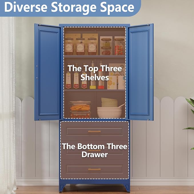 Polup 75" Metal Storage Cabinet, Kitchen Pantry Cabinet with 3 Drawers | Heavy-Duty Blue Tall Cabint with 2 Doors and 3 Adjustable Shelves, Magnetic Latch, Gold Handles, for Dining Living Room