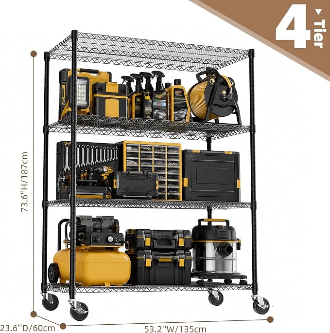 M MZG 4-Shelf Heavy Duty Garage Shelving Wire Adjustable Storage Rack for Kitchen Laundry Bathroom Pantry 2640 lbs Capacity Black 23.6 x 53.2 x 73.6 Inch