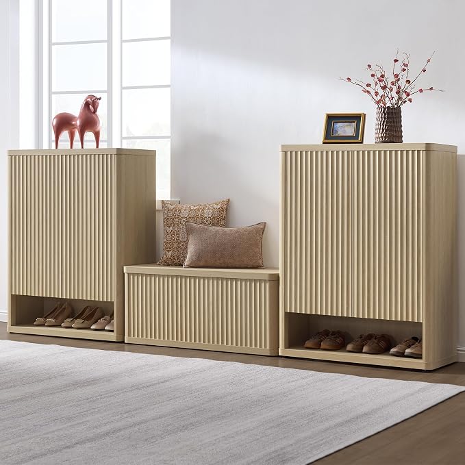 SICOTAS Shoe Cabinet 44 inch Tall Fluted Shoe Cabinet with Doors & 4 Shelves Wooden Large Hidden Shoe Storage Organizer Modern Free Standing 6-Tier Cabinet for Entryway Living Room Closet