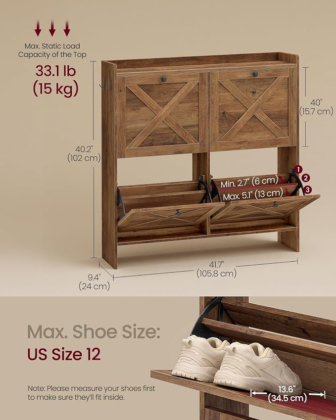 VASAGLE Shoe Storage Cabinet Organizer with 4 Flip Drawers, Freestanding Narrow Shoe Rack Cabinet for Entryway, Farmhouse Style, Fits 14 to 16 Pairs, Warm Earth Brown UHSC403KB01