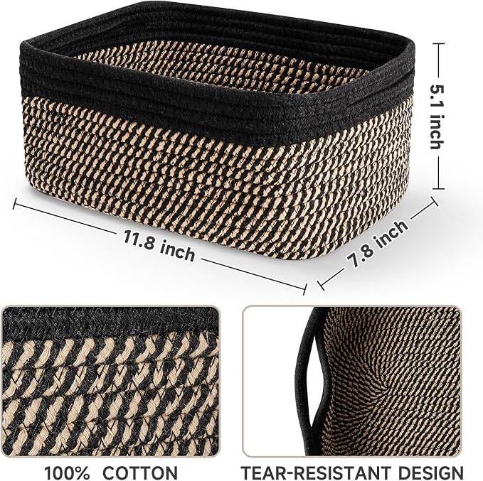 3-Pack Shelf Baskets for Organizing, Closet Organizer Bins, Small Woven Baskets, Rope Toy Basket, Storage Basket for Shelves, Cube Decorative Box, 11.8×7.8×5.1”, Black Brown