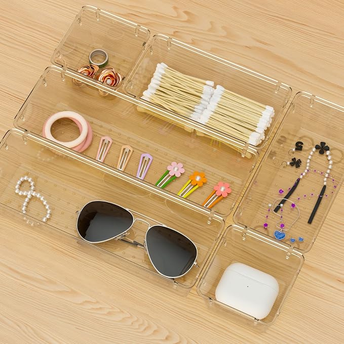 WOWBOX 6 Pack Clear Drawer Organizer Set, Acrylic Drawer Storage Trays, Storage Bins for Makeup, Cosmetics, Jewelries, Utensils, Gadgets, Office, Champagne