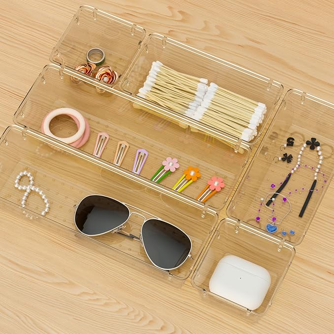 WOWBOX 9 Pack Clear Drawer Organizer Set, Acrylic Drawer Storage Trays, Storage Bins for Makeup, Cosmetics, Jewelries, Utensils, Gadgets, Office, Champagne