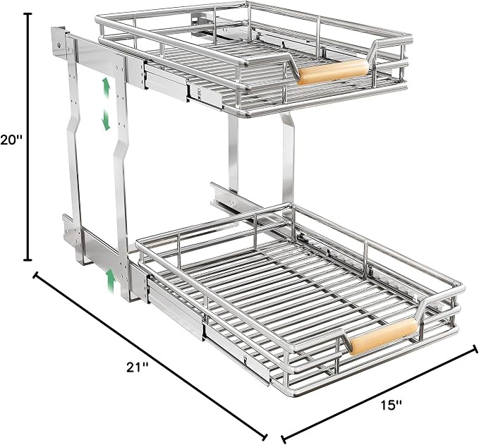 Pull out Cabinet Organizer, 2 Tiers 15"W X 21"D, Heavy Duty Smooth Sliding Under Cabinet Shelves for Pots and Pans, Full-Extension Roll out Drawers, Slide out Organization for Home Kitchen Pantry