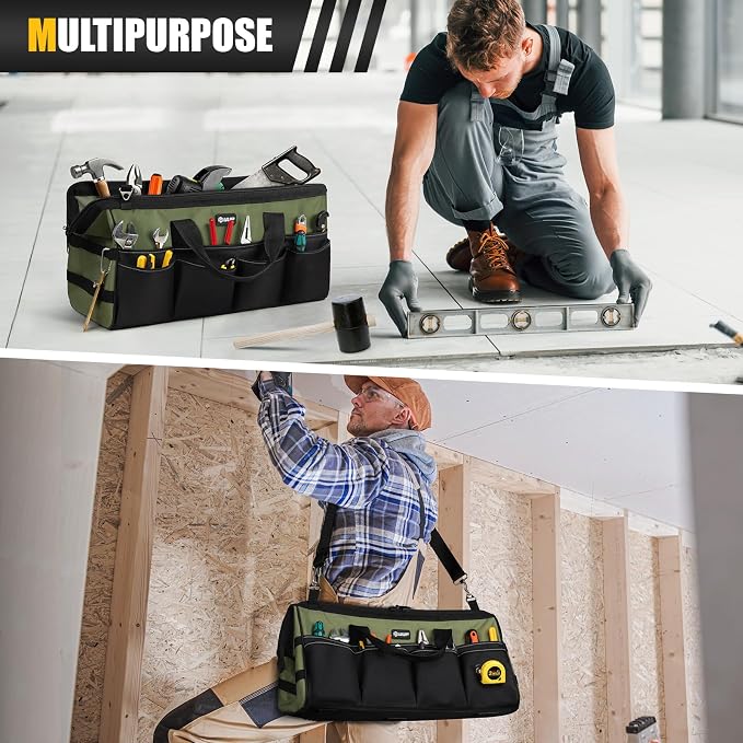 UUP Tool Bag Extra Large 20", Heavy Duty Spacious Tool Box Organizer, Green | 16 Pockets & MOLLE. Detachable Strap & Handle. Non-slip Base, Metal Buckle. 30lb Holds Drill/Tool on Truck, Garage, Men Gift.