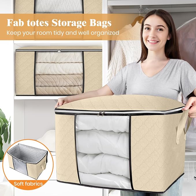 Fab totes 24 Gallons Clothes Storage, Foldable Thick Fabric Blanket Storage Bags, Containers for Organizing Bedroom, Closet, Clothing, Comforter, Organization with Handle (6 Pack,Beige)