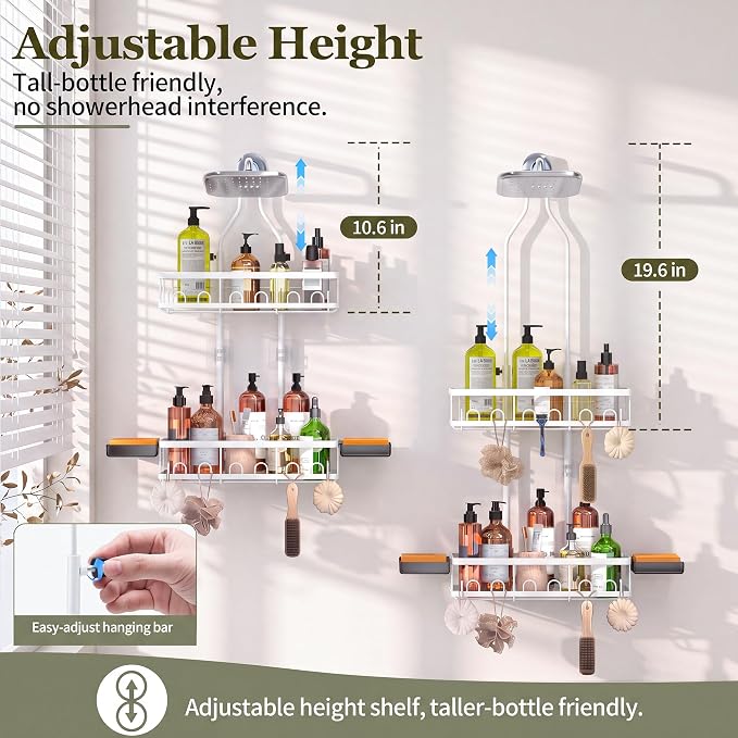 Skyapex Shower Caddy Hanging: Adjustable Height Organizer for Over Showerhead - Rustproof Shower Shelves with Hooks & 2 Soap Holders, White