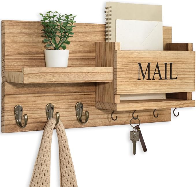 Lwenki Mail Organizer for Wall Mount – Key Holder with Shelf Includes Letter Holder and Hooks for Hallway Farmhouse Decor – Rustic Wood with Flush Mounting Hardware (16.5” x 9.1” x 3.4”) (Wood)