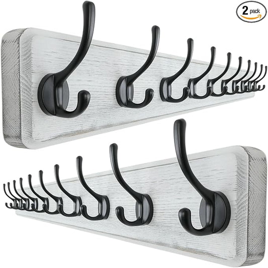 Wall Mounted Coat Rack: 38-1/4" Long, Patented, Heavy-Duty, 10-Double-Hooks Wooden Hanger Rail for Winter Coats, Hat, Jacket, Clothing - White & Black, Pack of 2