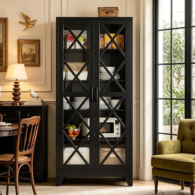 71"H Black Pantry Kitchen Cabinet with Doors,Black Storage Cabinets,Freestanding Pantry Cabinet,Farmhouse Food Storage Cabinets,Tall and Large Pantry Cabinets for Kitchen, Dining Room, Living Room