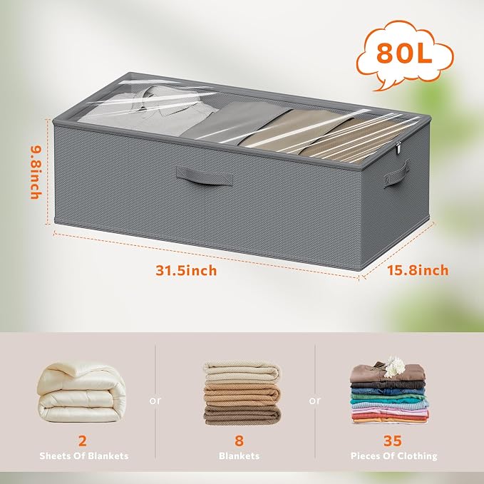 10inch 3 Pack Under Bed Storage Containers, 10 Inch Tall Underbed Clothes Storage Organizer Bin with Clear Window，Foldable Box Basket for Clothes, Closet, Bed Sheets and Blankets Gray