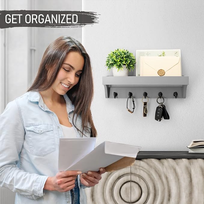 Rebee Vision Key Holder Wall Mount with 5 Hooks & Shelf for Entryway, Gray | 5 Key Hooks, Farmhouse Key Holder for Wall, Plant Display, Mail Organizer, Decorative Storage, Apartment Essen