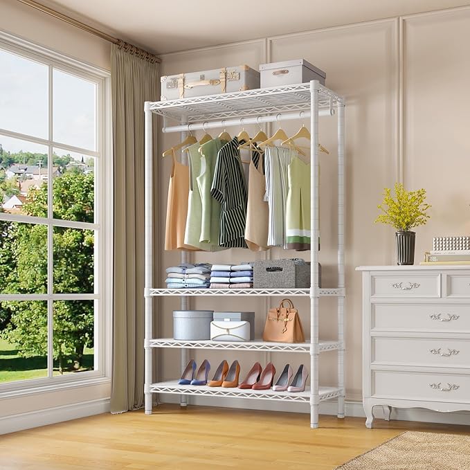 VIPEK V1 4-Tier Clothes Rack with Hanging Rod, Freestanding Closet, White | Freestanding Closet Clothing Rack with 4 Adjustable Shelves for Bedroom/Closet/Laundry Rooms, Heavy Duty Max Load 500 LBS