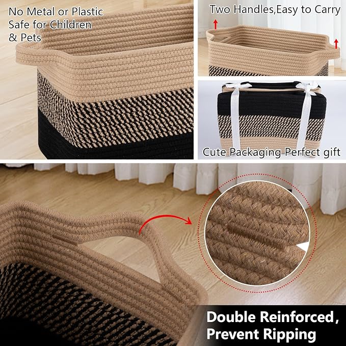 OIAHOMY Woven Storage Basket, Cotton Rope Baskets for Toys,Towel, Clothes, Used to Bathroom,Living Room,Nursery,Bedroom, 16"x12"x10"- Pack of 3, Black & Brown