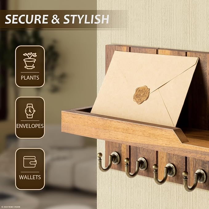 Rebee Vision Acacia Wood Key Holder Wall Mount for Home Decor, Brown | 3.54" x 15" x 7.28", 7 Key Hooks, Floating Shelf, Key Holder for Wall, Coat and Hat Storage, Rustic Home Organization