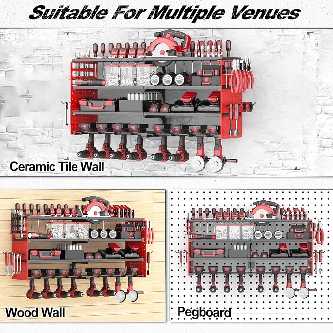 33" Metal Power Tool Organizer Wall Mount,4 Tier,Red | Heavy-Duty Metal,320 LBS Capacity,8 Cordless Drill Holders,Adjustable Hooks,Tool Shelf for Garage Workshop Shed,Pegboard