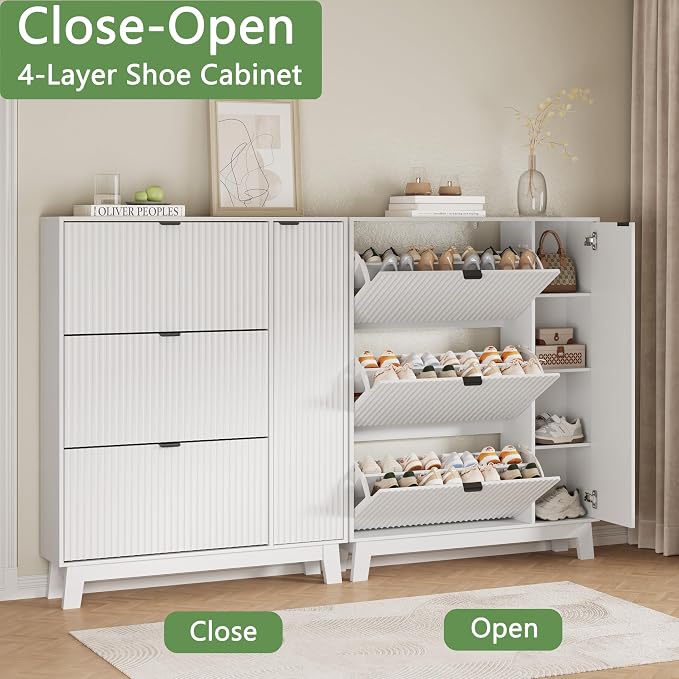 Xixini Shoe Cabinet with 3 Flip Drawers, 54" Tall Narrow Fluted Shoe Storage Organizer for Entryway, Hidden Wooden Shoe Rack with Adjustable Side Cabinet for Front Door Entrance, Hallway, Solid White