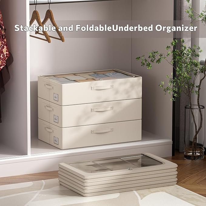 CYhom 3Pcs Under Bed Storage Bins with Metal Frame - Shoe Organizer for Closet with Clear Cover Oxford Fabric Sturdy Underbed Container Foldable Stackable Clothes Organizer (Beige, 23.5x15.7x6.3)