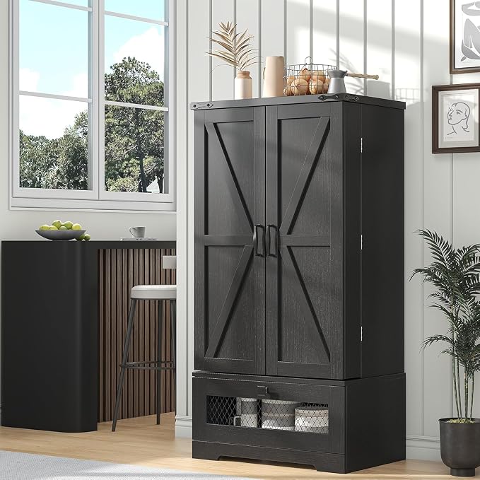 kepptory Farmhouse Pantry Cabinet with Barn Door & Adjustable Shelves, Freestanding Kitchen Storage Cabinet for Dining Room, Bathroom, Hallway (Black)