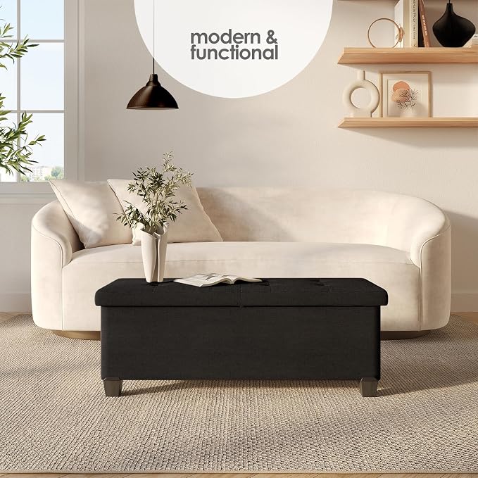 Storage Ottoman Bench with Bins, 43-in Storage Bench for Bedroom End of Bed, Folding Foot Rest Ottoman for Living Room Max 660lbs, Fabric Ottomans, Black