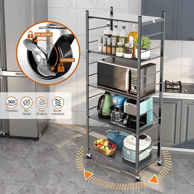 Himix 5-Tier Foldable Storage Shelves with 20 Hooks Wheels Grey Display | Folding shelving units, Metal collapsible organization, Wire shelf, No assembly, Bookshelf, Kitchen, Home rack, Holds 440 Ibs